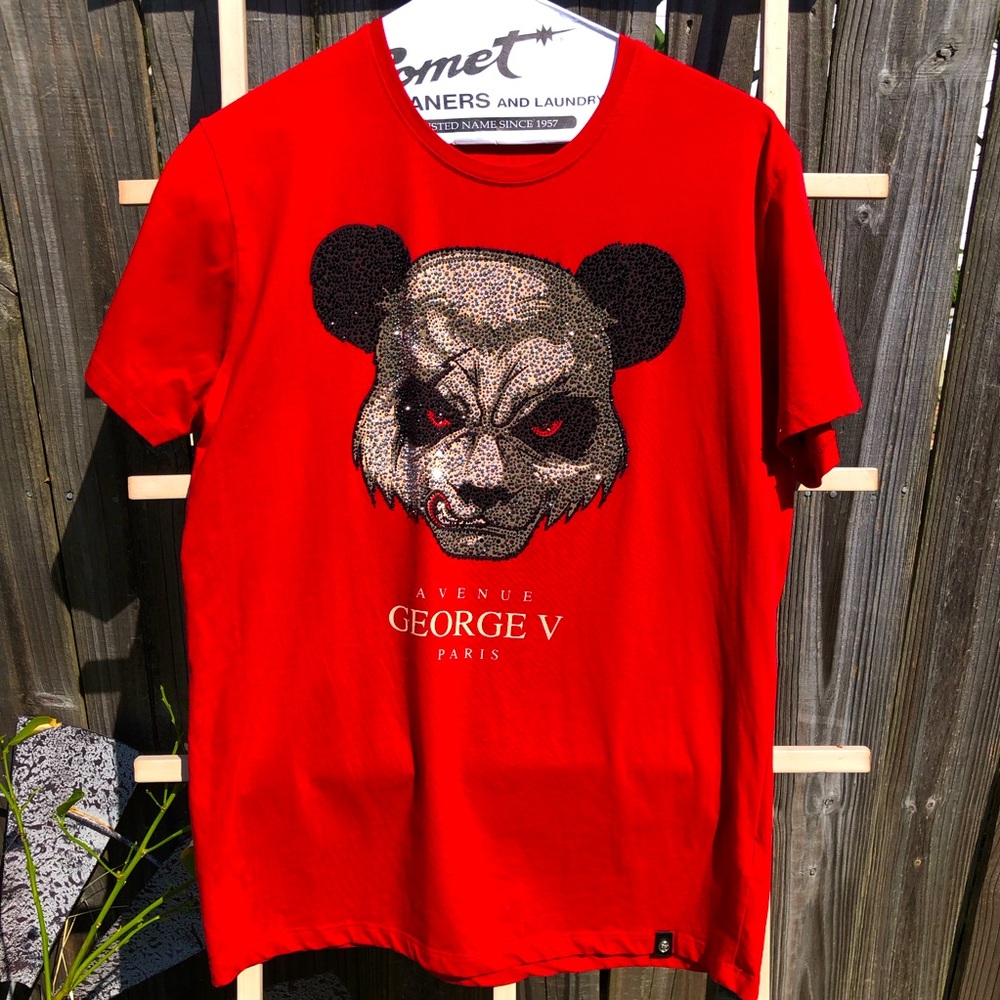 Avenue George V Paris Men's Red T-Shirt Angry Panda Fitted Tee Rhinestones XXL